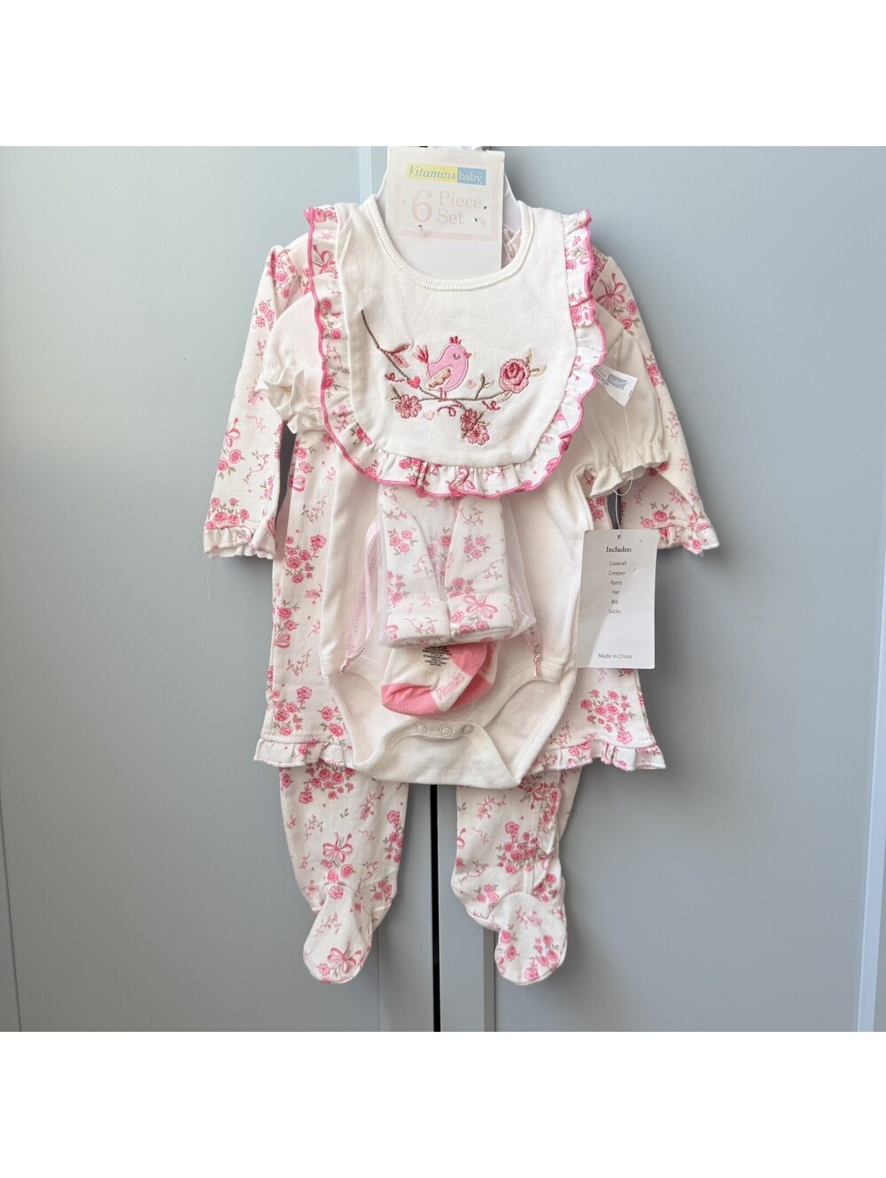 NWT Vitamins Baby Girls Pink Flower Bird 6pc Coverall Pants Bodysuit Bib 0-3M